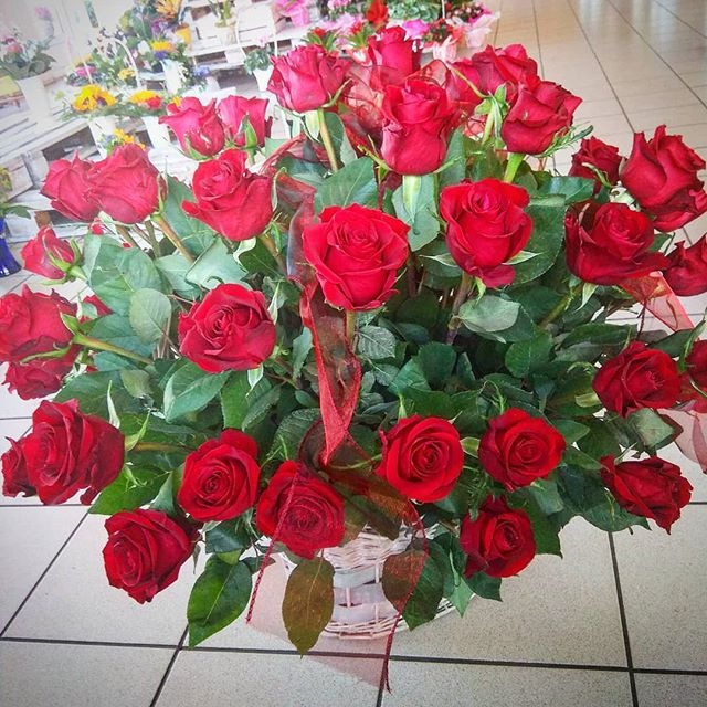 Kosz z bukietem intensywnie czerwonych róż na tle podłogi w jasne kwadraty, przewiązany delikatną, czerwoną wstążką.