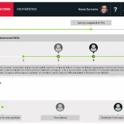 Ekran interfejsu użytkownika z formularzem oceny kompetencji interpersonalnych, z zaznaczonymi wartościami na skali od 1 do 5, wskaźnik postępu ankiety na poziomie 76% oraz przyciski nawigacyjne.
