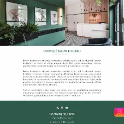 Recepcja gabinetu stomatologicznego z logo O!DENT, nowoczesne oświetlenie, zielona ściana z obrazami i roślinami w czarnej donicy, wzorzysta podłoga.