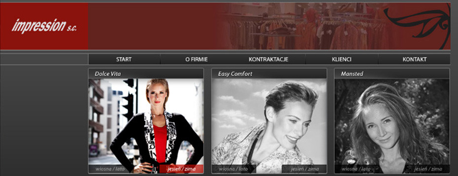 Zrzut ekranu strony internetowej z galerią zdjęć modelek prezentujących odzież, podzieloną na kategorie 'Dolce Vita', 'Easy Comfort' i 'Mansted', z menu nawigacyjnym u góry.