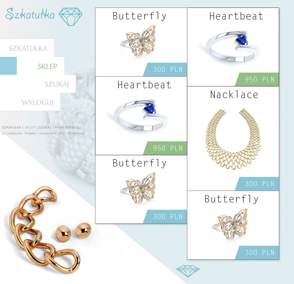 Katalog biżuterii z cenami, prezentujący pierścionki w kształcie motyla i serca z niebieskim kamieniem oraz złoty naszyjnik, na jasnoniebieskim tle w towarzystwie złotego łańcucha i kolczyków.