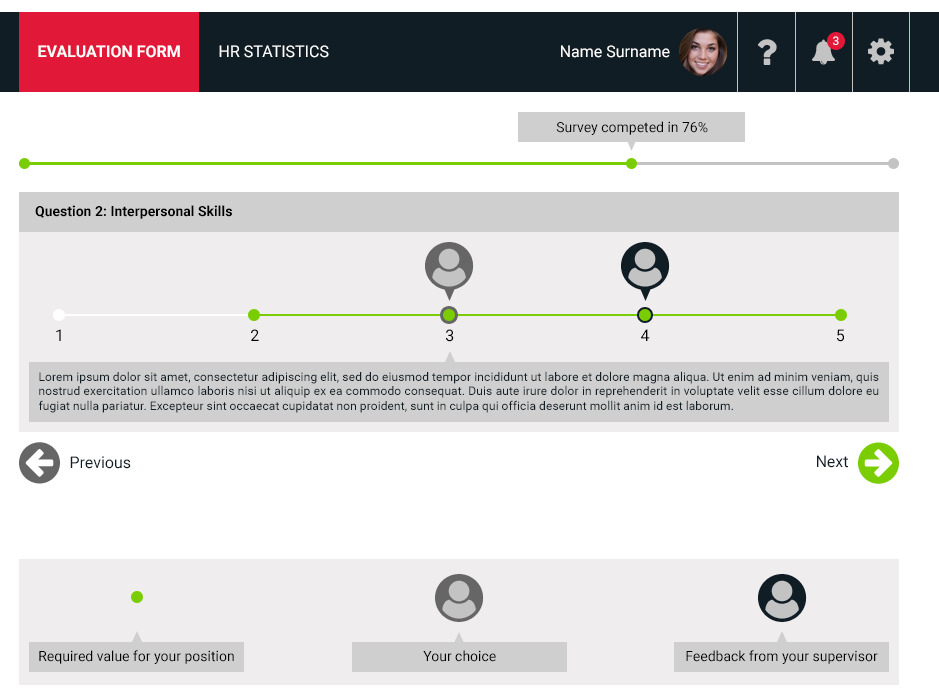 Ekran interfejsu użytkownika z formularzem oceny kompetencji interpersonalnych, z zaznaczonymi wartościami na skali od 1 do 5, wskaźnik postępu ankiety na poziomie 76% oraz przyciski nawigacyjne.