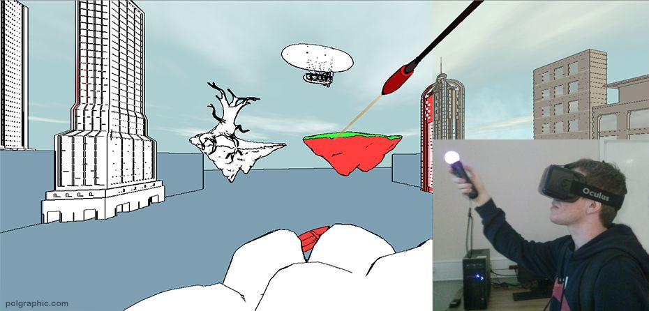 Mężczyzna z goglami VR Oculus i kontrolerem w dłoni, testujący wirtualne środowisko zarysowanych budynków, latających wysp i sterowca, z perspektywy dłoni w grze.