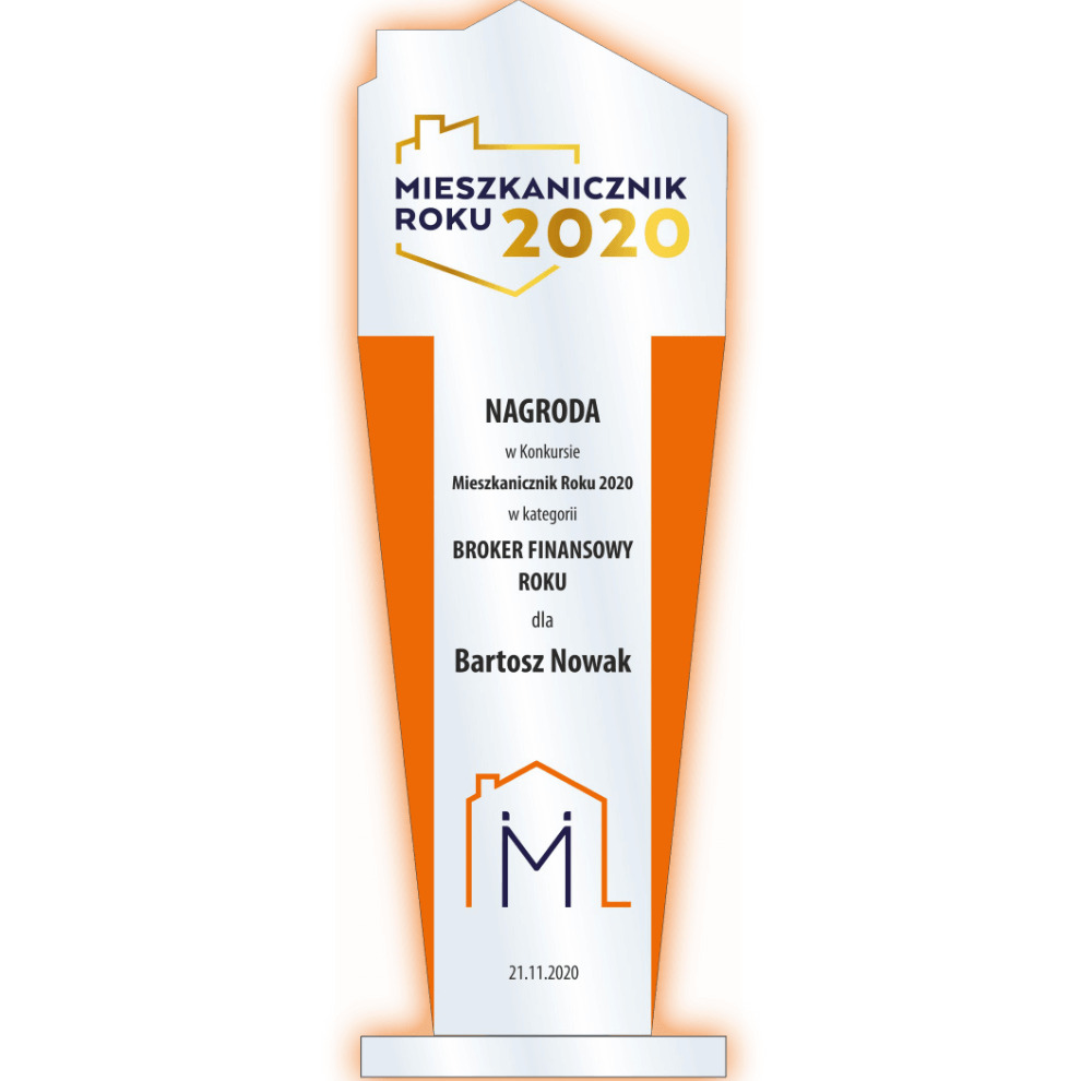 Nagroda 'Mieszkanicznik Roku 2020' dla Bartosza Nowaka w kategorii Broker Finansowy Roku, wręczona 21.11.2020.