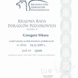 Skan dokumentu potwierdzającego wpis na listę doradców podatkowych Krajowej Izby Doradców Podatkowych, zawierający imię i nazwisko Grzegorz Sikora, datę wpisu 24.11.1997 oraz numer wpisu 02595.