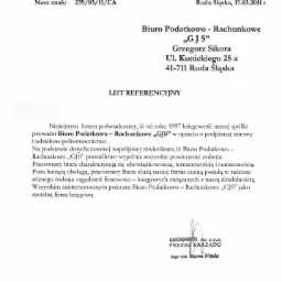 Skan listu referencyjnego od firmy Carbomech Sp. z o.o. dla Biura Podatkowo-Rachunkowego 'GJS' z Rudy Śląskiej, potwierdzający prowadzenie księgowości od 1997 roku i rzetelną obsługę...