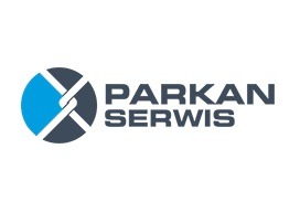 Logo firmy Parkan Serwis z abstrakcyjnym symbolem przypominającym ogniwa łańcucha w kolorach niebieskim i szarym na białym tle.