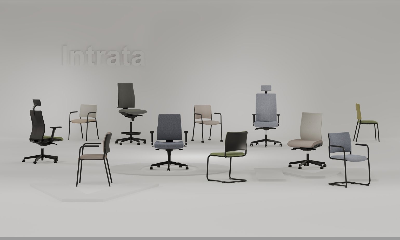 Różne modele krzeseł biurowych marki Intrata ustawione na jasnym tle, prezentacja kolekcji z różnymi rodzajami oparć, podłokietników i kolorów tapicerki.