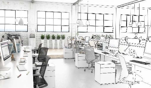 Nowoczesne biuro z białymi biurkami, krzesłami siatkowymi i dużymi oknami, część w kolorze, część jako szkic, z roślinami w donicach w tle.