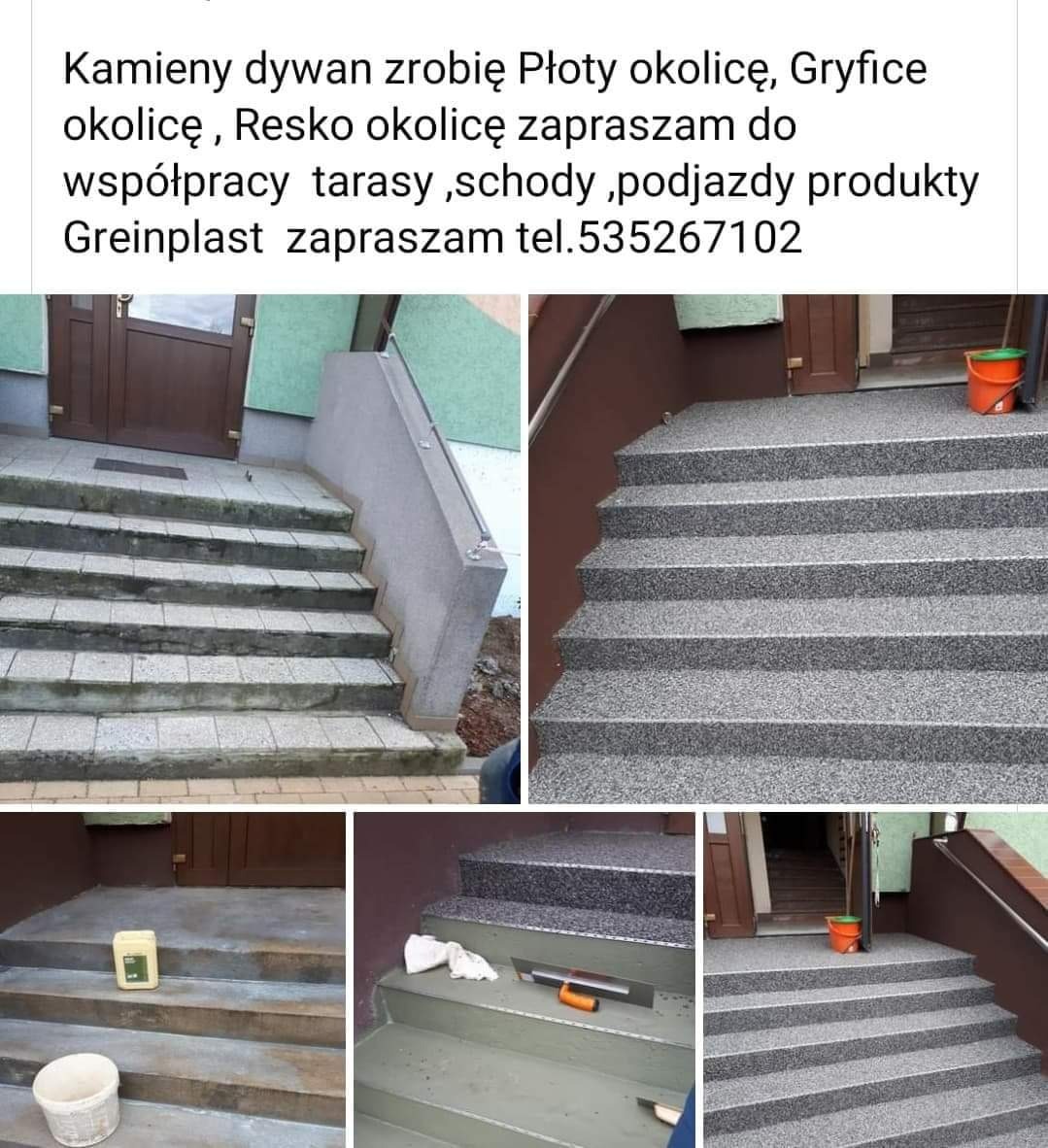 Schody zewnętrzne przed i po renowacji z użyciem kamiennego dywanu, widoczne etapy prac i narzędzia.