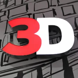 Czerwono-białe litery 3D na tle ściany z abstrakcyjnym, czarnym wzorem przypominającym szkic budowlany.