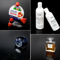 Kolaż czterech ujęć na czarnym, mokrym tle: jogurt truskawkowy, dwa balsamy Ziaja, zegarek sportowy Dunlop i perfumy Chanel No. 5.