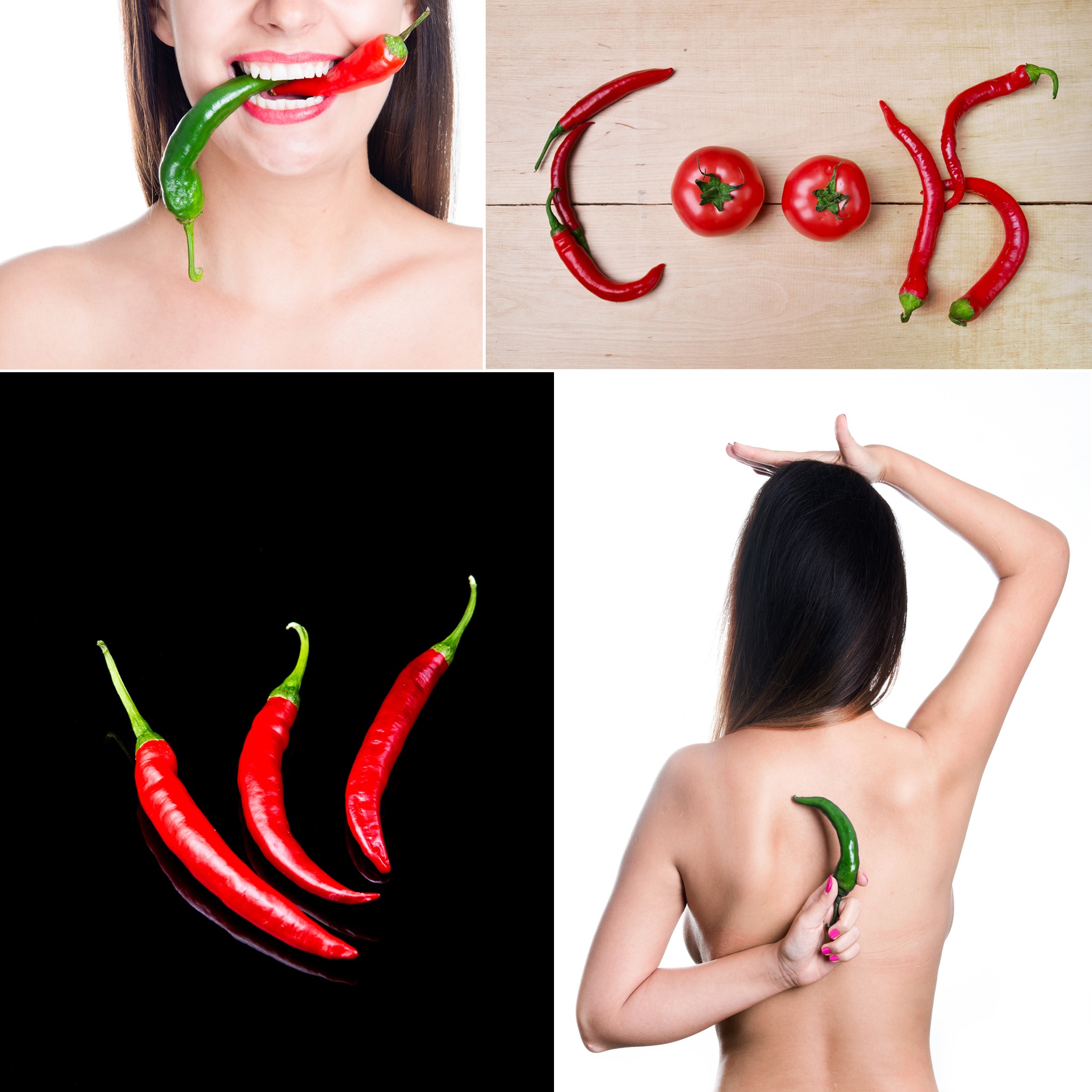 Kompozycja czterech ujęć: kobieta trzymająca w ustach czerwoną i zieloną papryczkę chili, papryczki ułożone w litery obok pomidorów, trzy papryczki na czarnym tle z odbiciem, kobieta trzymająca za...