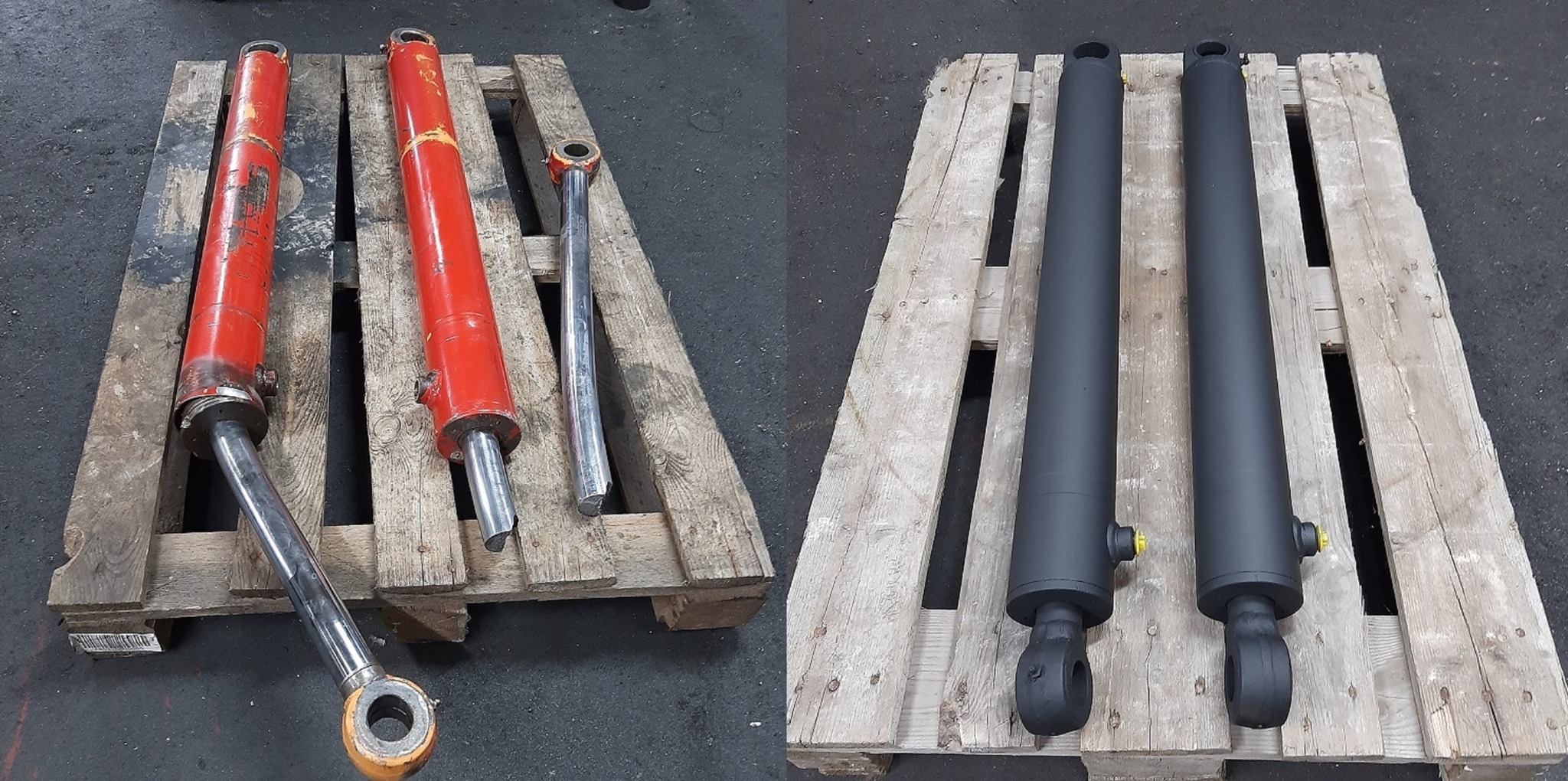 Dwa zestawy siłowników hydraulicznych na drewnianej palecie: po lewej stronie trzy elementy w kolorze czerwonym i srebrnym, z widocznymi śladami użytkowania; po prawej dwa nowe, pomalowane...