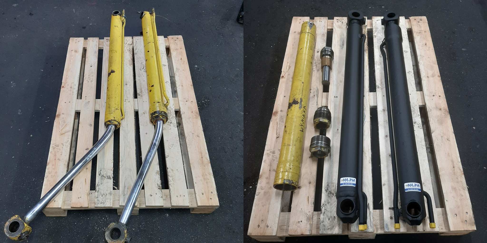 Hydrauliczne cylindry: dwa żółte, używane, i dwa czarne, po renowacji, leżące na drewnianej palecie.