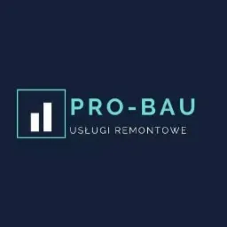 Logo firmy remontowej PRO-BAU z białym symbolem słupków na niebieskim tle i tekstem 'USŁUGI REMONTOWE'.