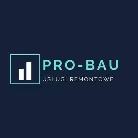Logo firmy remontowej PRO-BAU z białym symbolem słupków na niebieskim tle i tekstem 'USŁUGI REMONTOWE'.