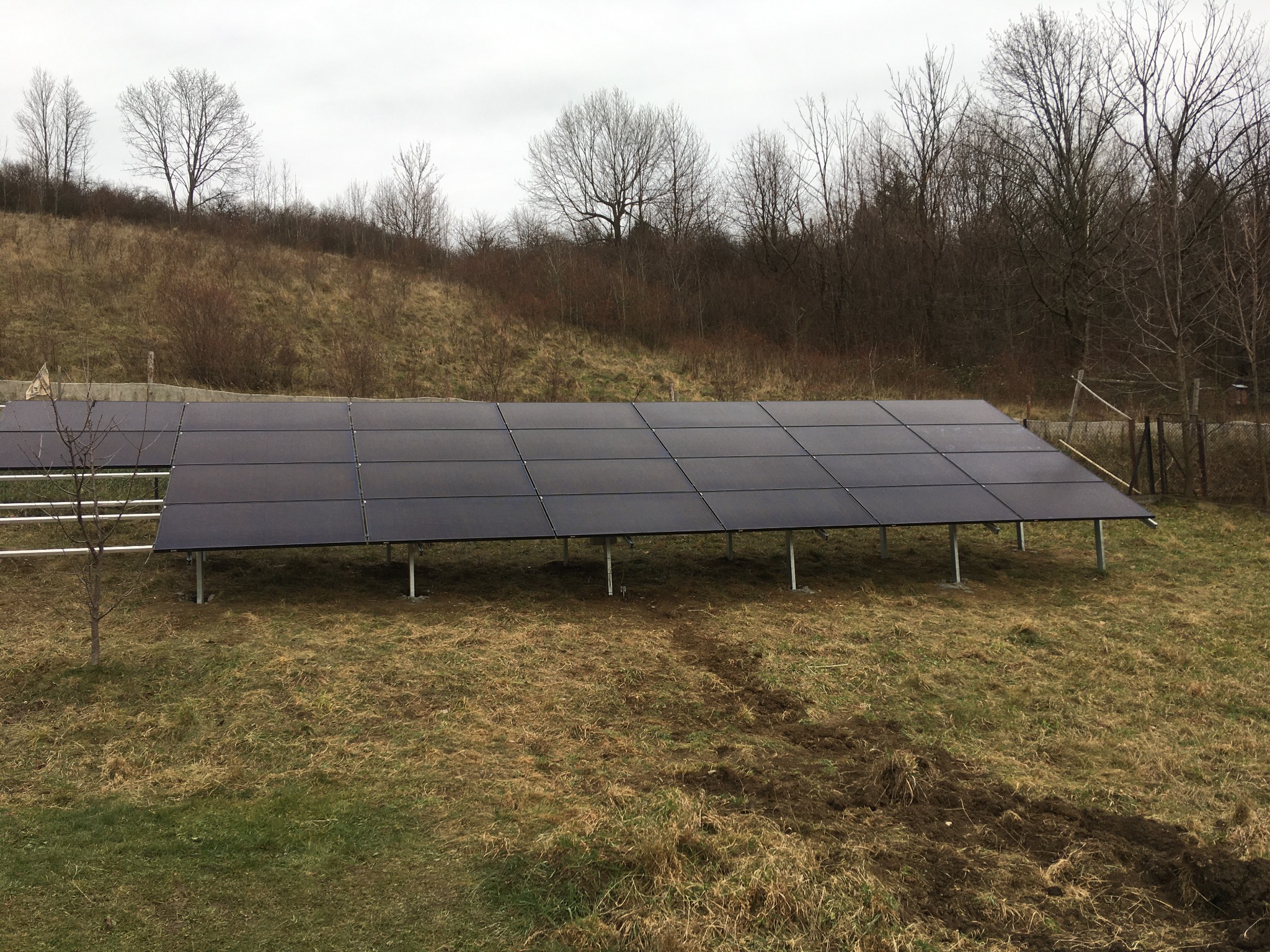 Rząd paneli słonecznych zamontowanych na metalowych stelażach na nierównym, trawiastym terenie z widocznymi śladami ziemi, w tle drzewa bez liści i pochmurne niebo.
