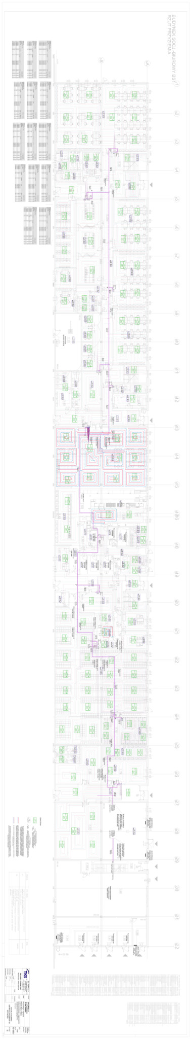 2. Rzut instalacji ogrzewania podłogowego w biurowcu o powierzchni 8500m2 zasilanej z rozdzielni ciepła - Parter
