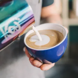 Barista w szarym fartuchu nalewa mleko z metalowego dzbanka o opalizującej powierzchni do niebieskiej filiżanki z kawą, tworząc latte art.