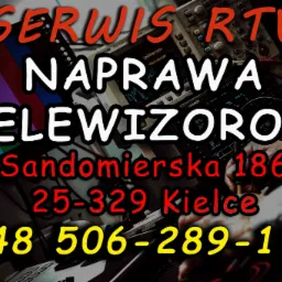 Reklama serwisu RTV z adresem w Kielcach, prezentująca oscyloskop i ekran telewizyjny z kolorowymi paskami testowymi.