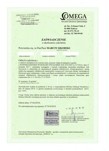 Skan zaświadczenia o ukończeniu szkolenia z zakresu urządzeń chłodniczych, klimatyzacyjnych i pomp ciepła zawierających fluorowane gazy cieplarniane, wydanego przez Ośrodek Szkolenia Zawodowego...