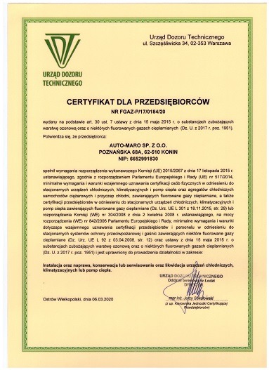 Skan certyfikatu FGAZ dla przedsiębiorstw, wydanego przez Urząd Dozoru Technicznego firmie AUTO-MARO SP. Z O.O., uprawniającego do instalacji, naprawy, konserwacji, serwisowania i likwidacji...