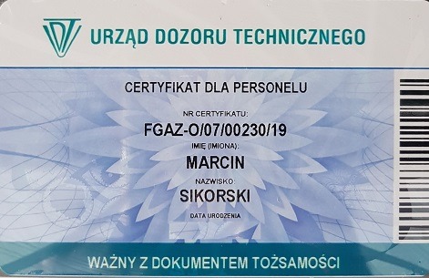 Skan certyfikatu dla personelu Urzędu Dozoru Technicznego na imię Marcin Sikorski, numer FGAZ-O/07/00230/19, ważny z dokumentem tożsamości.