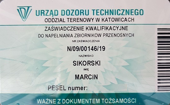 Skan zaświadczenia kwalifikacyjnego Urzędu Dozoru Technicznego Oddział Terenowy w Katowicach dla Marcina Sikorskiego, uprawniającego do napełniania zbiorników przenośnych, z numerem N/09/00146/19.