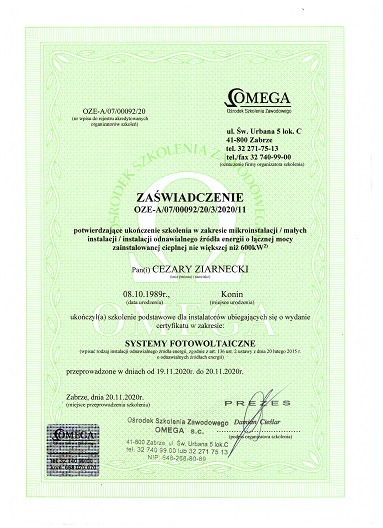 Skan zaświadczenia o ukończeniu szkolenia w zakresie systemów fotowoltaicznych przez Cezarego Ziarneckiego, wydane przez Ośrodek Szkolenia Zawodowego Omega z Zabrza.