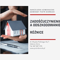 Dłonie otaczające miniaturowy model domu na tle dokumentów, obok tekst informujący o kancelarii adwokackiej i specjalizacji w zakresie zadośćuczynienia i odszkodowań.