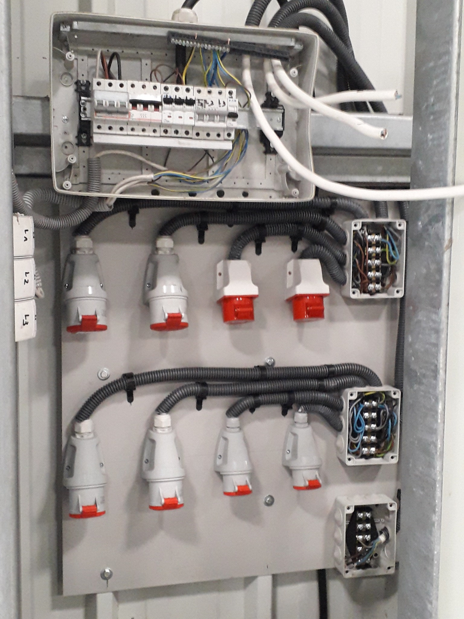 Rozdzielnia elektryczna z gniazdami siłowymi, widoczne przewody, zabezpieczenia i puszki przyłączeniowe.