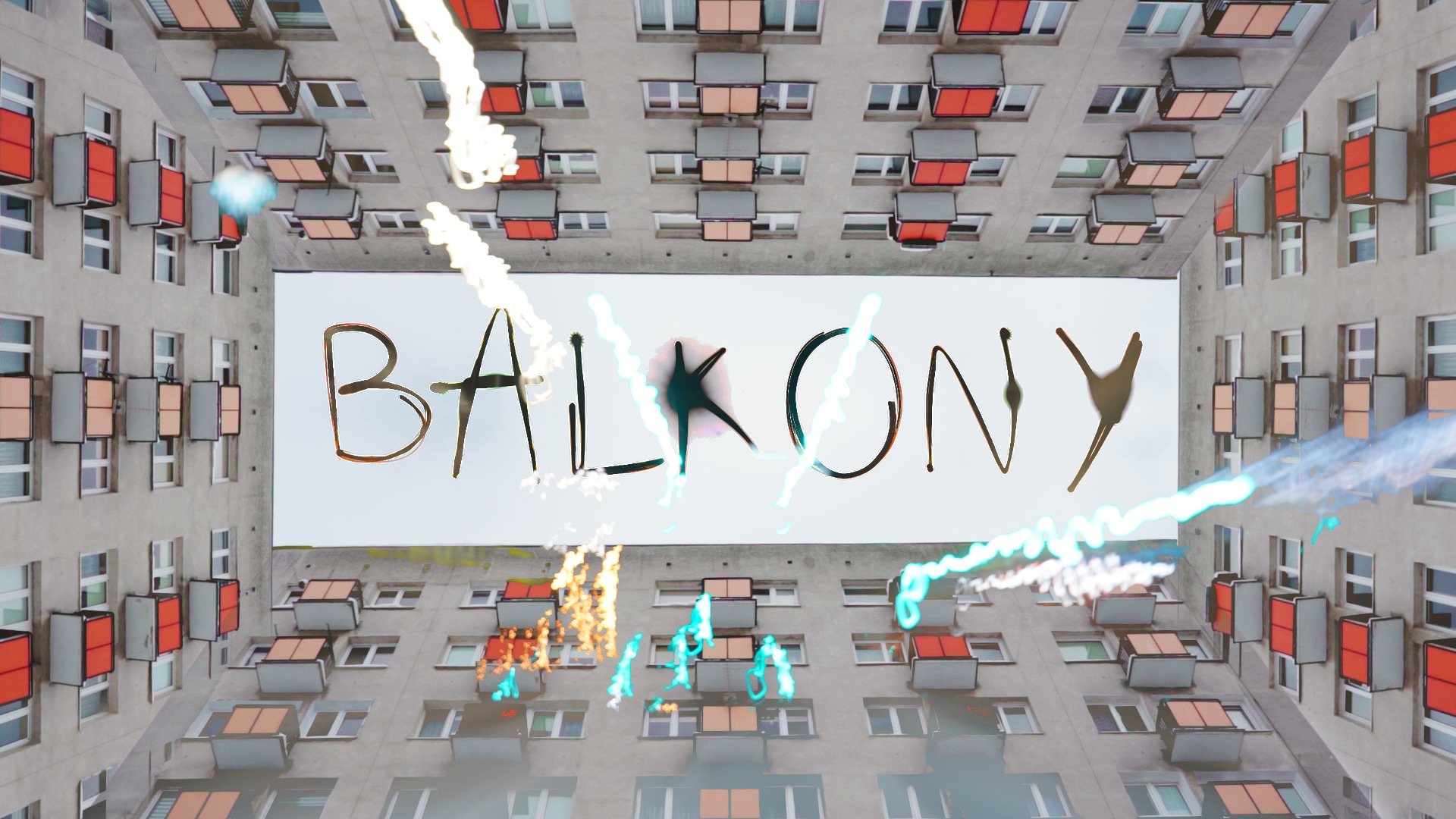 Kadr z teledysku 'Balkony' zespołu Żurawie, przedstawiający budynek mieszkalny z balkonami sfotografowany z dołu, z nałożonym napisem 'BALKONY' i efektami świetlnymi.