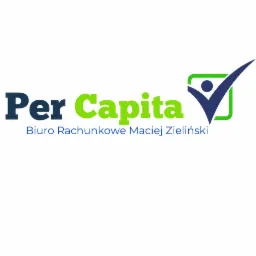 Logo firmy Per Capita Biuro Rachunkowe Maciej Zieliński, ciemnoniebieski napis Per, zielony napis Capita, pod spodem mniejszy napis Biuro Rachunkowe Maciej Zieliński, obok symbol osoby z zielonym...