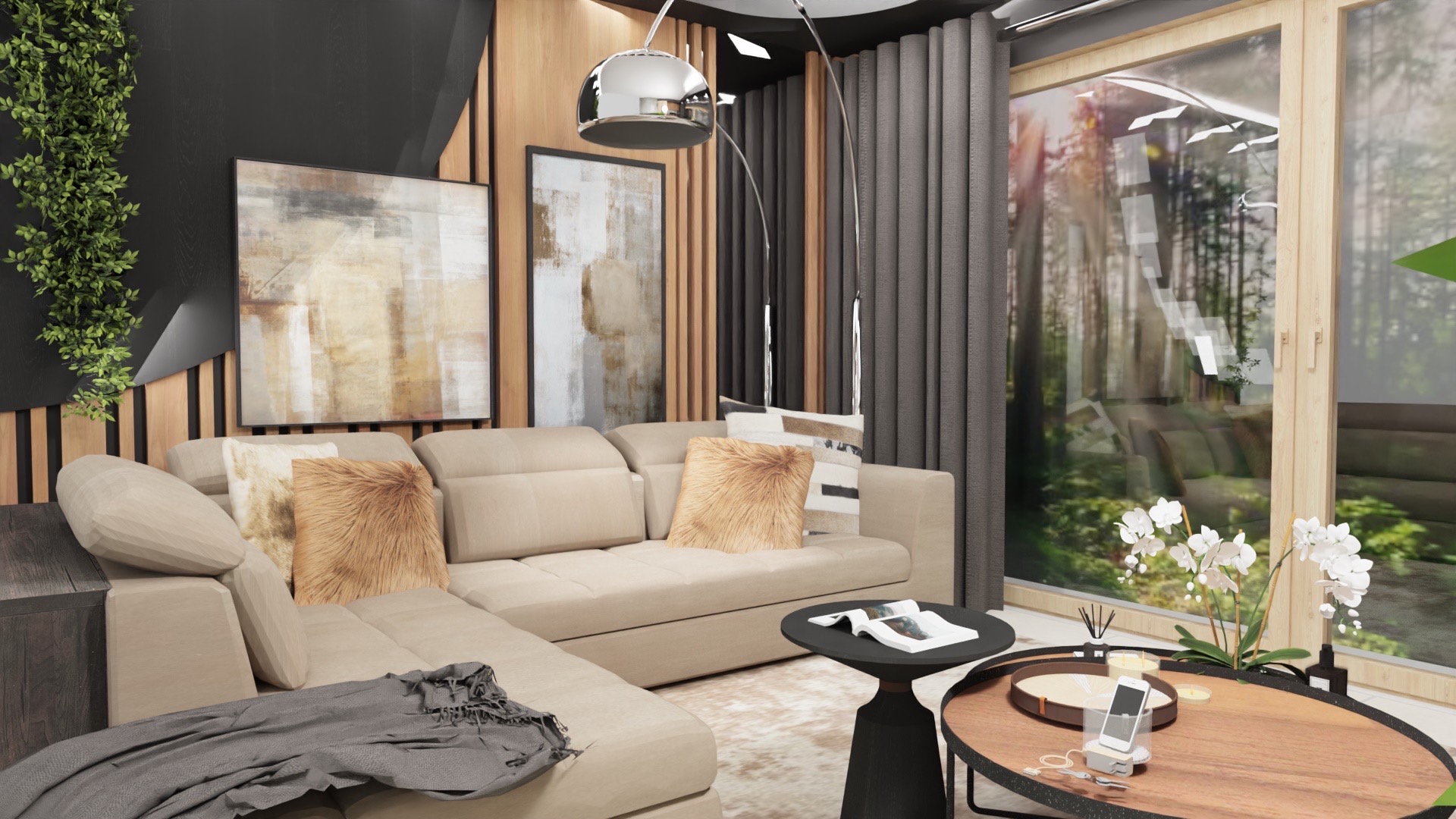 Beżowa sofa narożna z futrzanymi poduszkami w salonie z drewnianą ścianą, abstrakcyjnym obrazem i dużym oknem z widokiem na las.