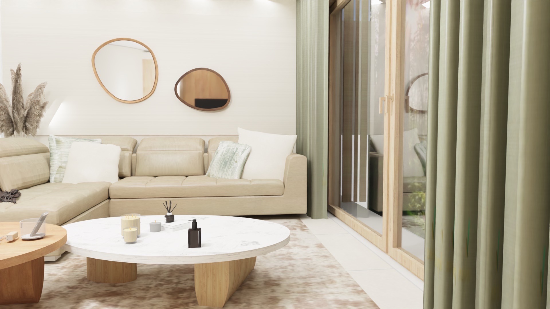Jasny salon z narożną sofą, dwoma stolikami kawowymi, asymetrycznymi lustrami na ścianie i zasłonami w kolorze oliwkowym.