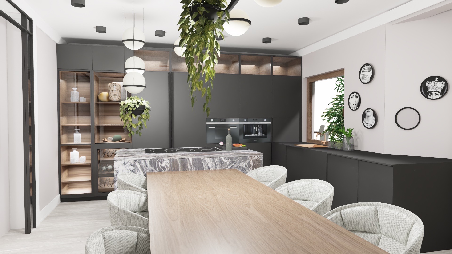 Nowoczesna kuchnia z szarymi szafkami, marmurowym blatem wyspy, drewnianym stołem i białymi krzesłami, oświetlona wiszącymi lampami kulami i roślinami zwisającymi z sufitu.