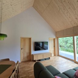 DAMAX Remonty i Wykończenia Wnętrz Damian Mruk - Jasne wnętrze domu ze skośnym, drewnianym sufitem i drewnianą podłogą. Widoczne drzwi z naturalnego drewna i duże okno przesuwne z widokiem na zieleń.