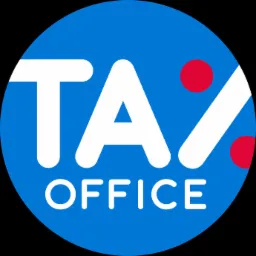 Logo firmy Tax Office: biały napis na niebieskim tle w okręgu, z dwoma czerwonymi kropkami symbolizującymi procent.