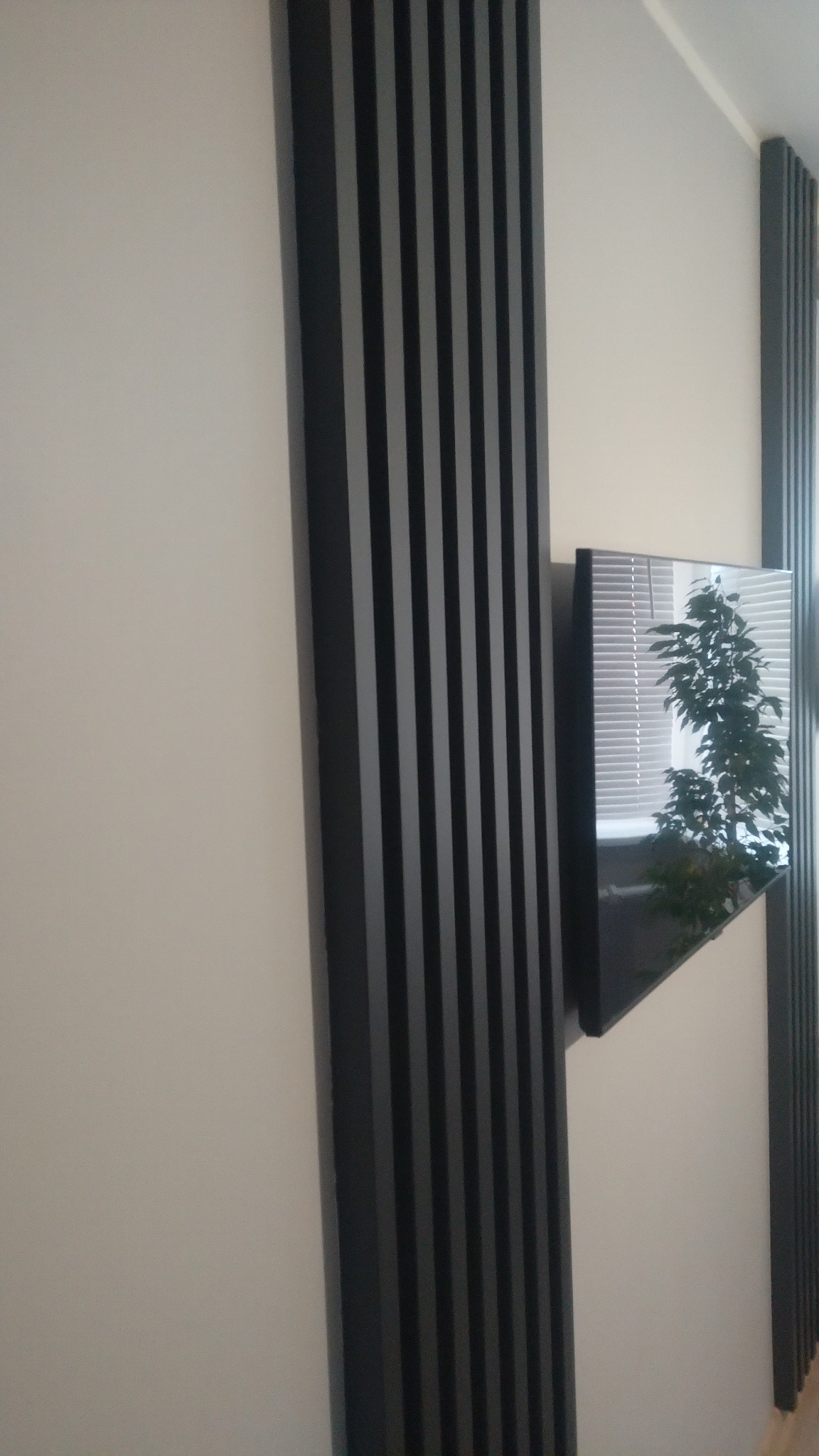 Nowoczesna ściana z dekoracyjnymi, pionowymi panelami w kolorze grafitowym i lustrzaną półką z odbiciem rośliny doniczkowej.