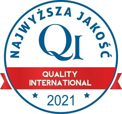 Okrągła, niebiesko-czerwona pieczęć z napisem 'NAJWYŻSZA JAKOŚĆ QI QUALITY INTERNATIONAL 2021' i dwiema gwiazdkami.