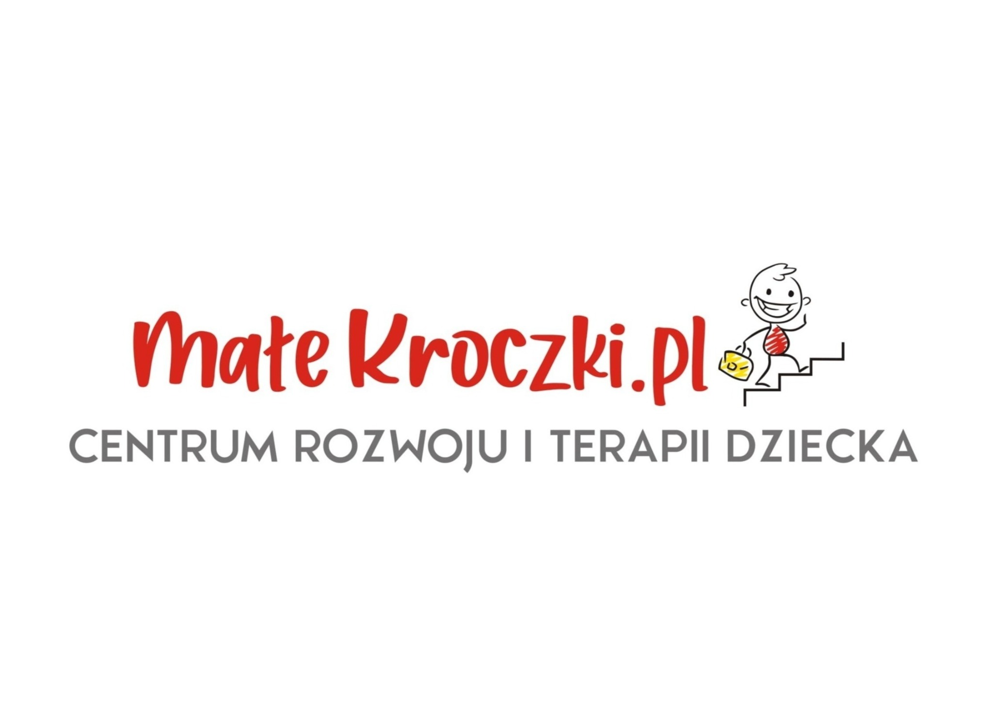 Logo Centrum Rozwoju i Terapii Dziecka 'Małe Kroczki.pl' z rysunkową postacią wspinającą się po schodach i niosącą żółtą torbę.