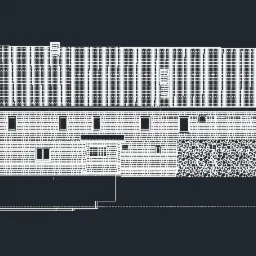 Techniczny rysunek elewacji budynku z zaznaczonymi wymiarami i detalami, w tym fragmentem ściany wykończonej kamieniem.