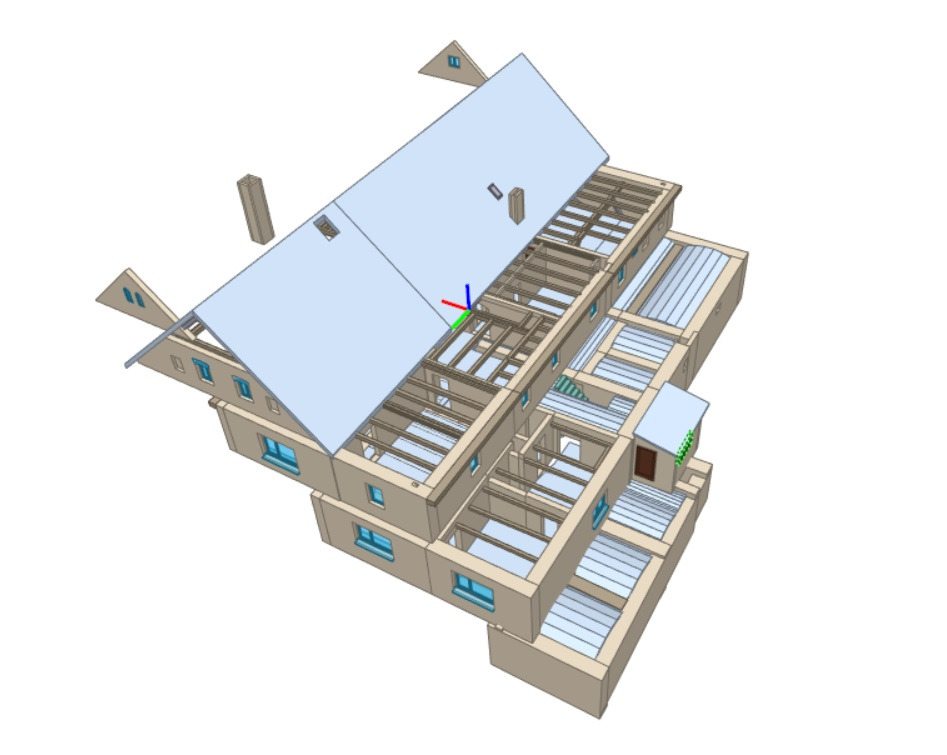 Model 3D budynku z widoczną konstrukcją szkieletową, dachem i oknami, prezentowany z perspektywy z góry.