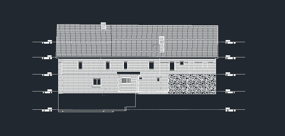 Techniczny rysunek elewacji budynku z zaznaczonymi wymiarami i detalami, w tym fragmentem ściany wykończonej kamieniem.