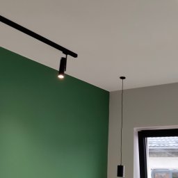 ProfeSSionallToollSsWwaOkolice - Ściana pomalowana na zielono z zamontowanym czarnym systemem szynowym oświetlenia punktowego oraz pojedyncza lampa wisząca na tle okna.