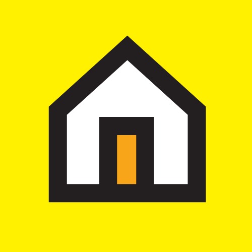 Stylizowany ikoniczny dom z czarnym obrysem, białym wnętrzem i pomarańczowymi drzwiami na jaskrawo żółtym tle.