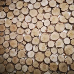 Dekoracyjna ściana wykończona plastrami drewna brzozowego o zróżnicowanych średnicach i odcieniach, tworząca naturalną mozaikę z widocznymi słojami i korą.