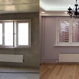 Yaroslav Pass Sp. z o.o. - Porównanie pokoju przed i po: surowy beton, otwarte okno kontra pomalowane ściany, podłoga drewniana, okno z widokiem na blok i żyrandol.