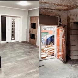 Yaroslav Pass Sp. z o.o. - Porównanie stanu pokoju przed i po: po lewej wykończone wnętrze z szarą podłogą, białymi drzwiami z przeszkleniami i drewnianymi drzwiami z czarnymi wstawkami, po prawej pokój w trakcie prac...